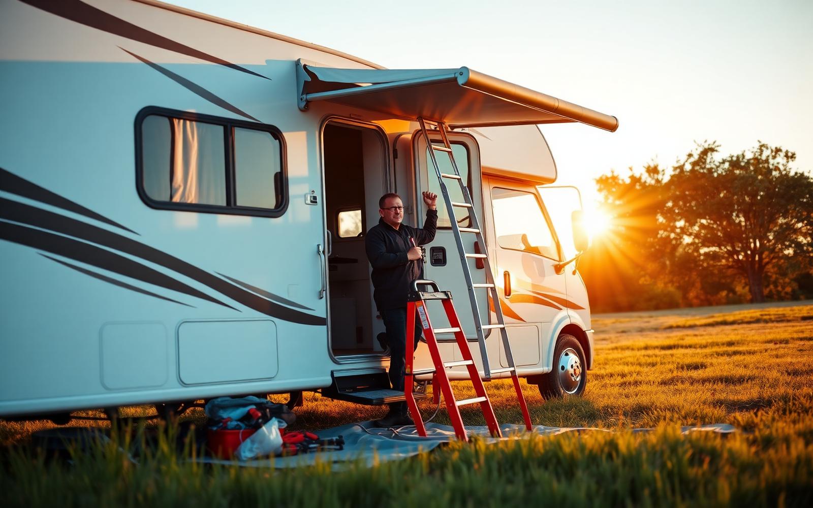 Mobile RV technician servicing a motorhome at sunset